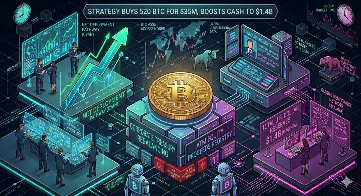 An isometric corporate treasury infographic featuring a central Bitcoin token atop data blocks detailing a 520 BTC acquisition using equity proceeds. Cybernetic analyst teams track a cyan growth pathway arrow on the left and a magenta $1.4B U.S. dollar reserve dashboard on the right.