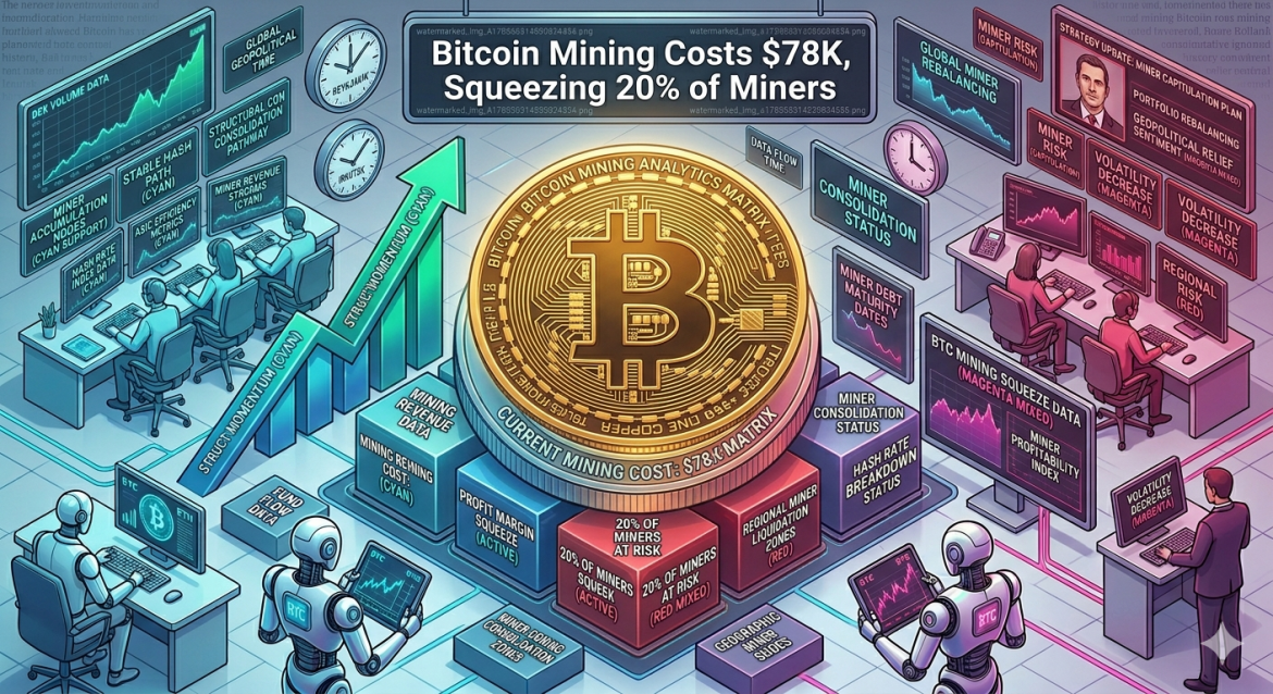 An isometric Bitcoin mining infographic showcasing a prominent gold coin sitting on $78K mining cost and miner risk data blocks. Cybernetic analyst teams track a cyan structural consolidation pathway arrow on the left and magenta miner capitulation metrics on the right.