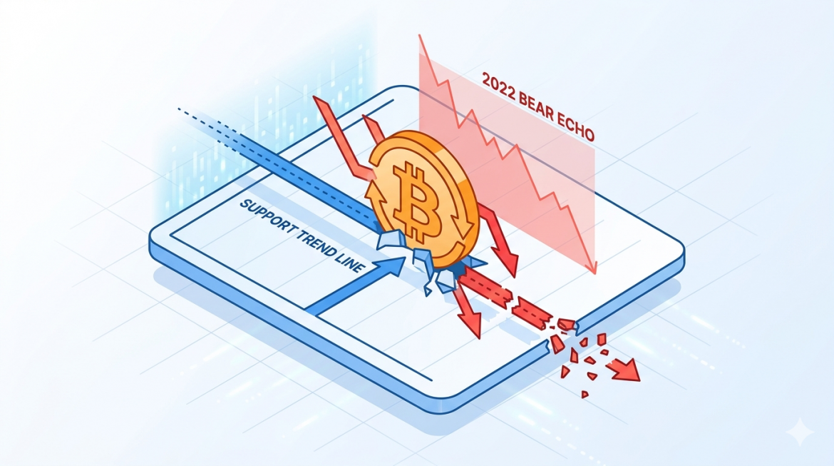 A clean illustration showing the Bitcoin symbol breaking through a 'SUPPORT TREND LINE', with a ghost-like red '2022 BEAR ECHO' visible in the background as the line crumbles and falls.
