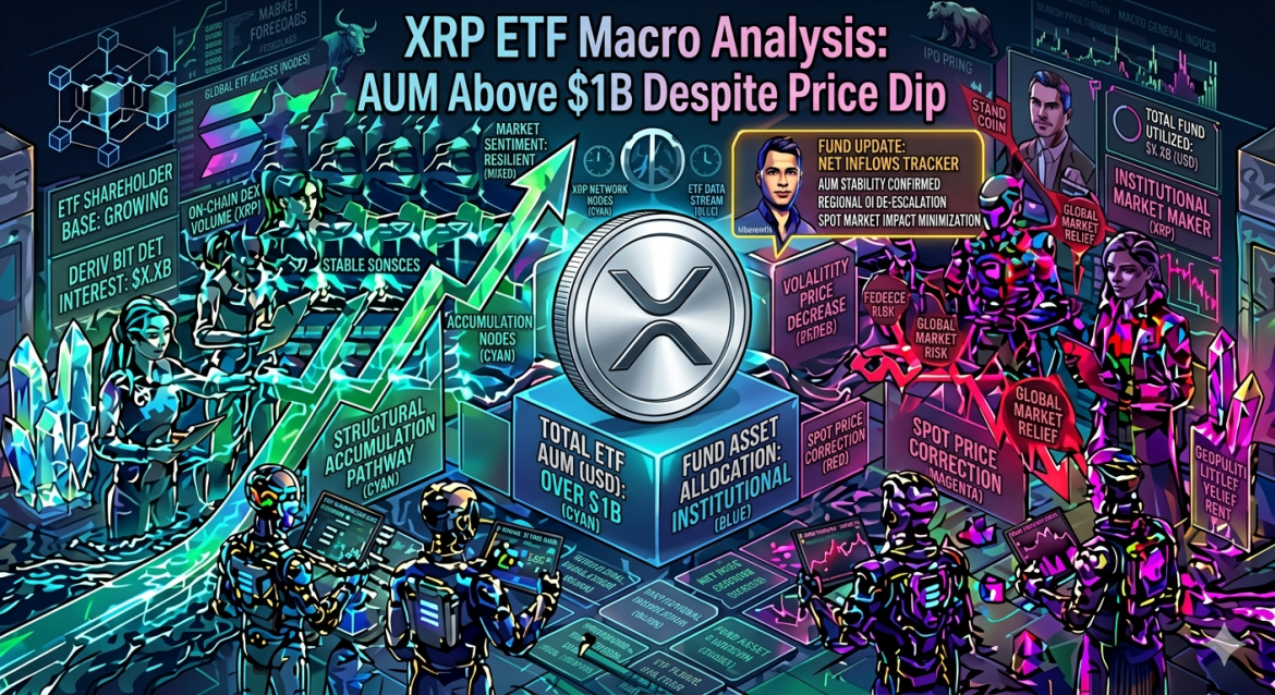 An isometric cryptocurrency fund flow chart displaying a silver XRP token on structural ETF asset blocks next to an institutional strategy update screen. Cybernetic tracking teams monitor a cyan net inflow path arrow on the left and magenta spot correction metrics on the right.