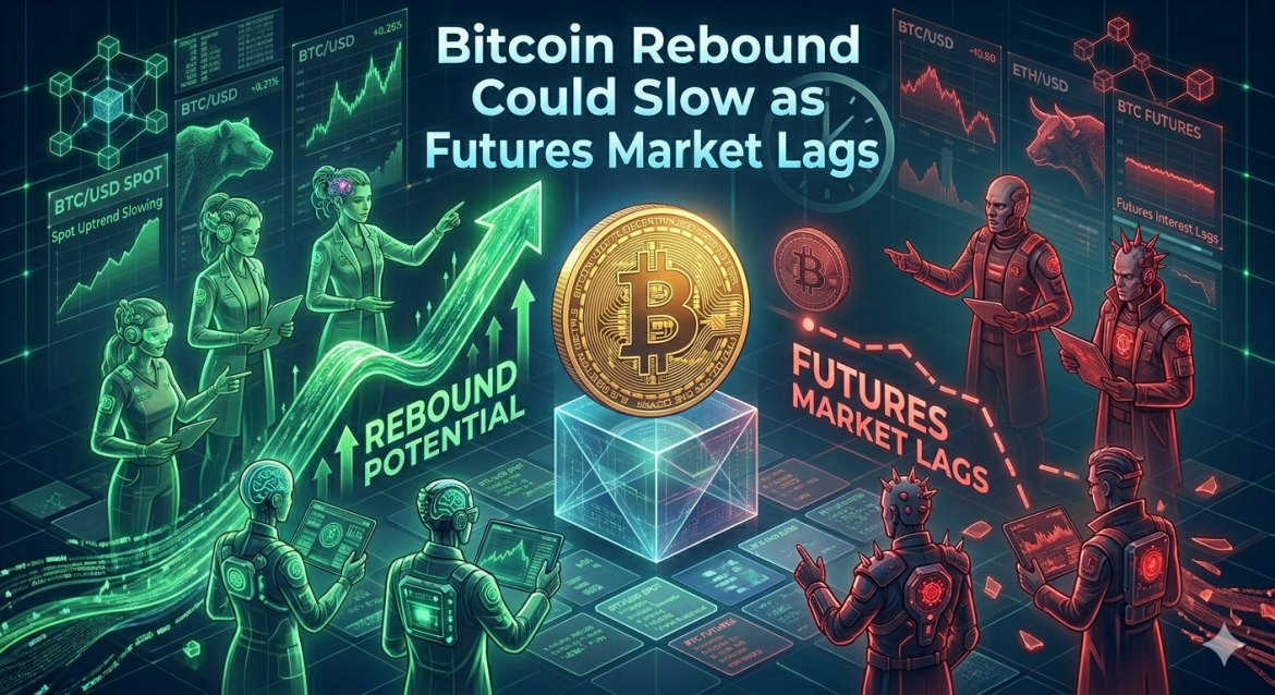 A stylized crypto market diagram with a large central Bitcoin, showing a glowing green arrow for 'Rebound Potential' on the left with analysts pointing, and a fragmented red crashing arrow for 'Futures Market Lags' on the right with different analysts, set against a matrix background.