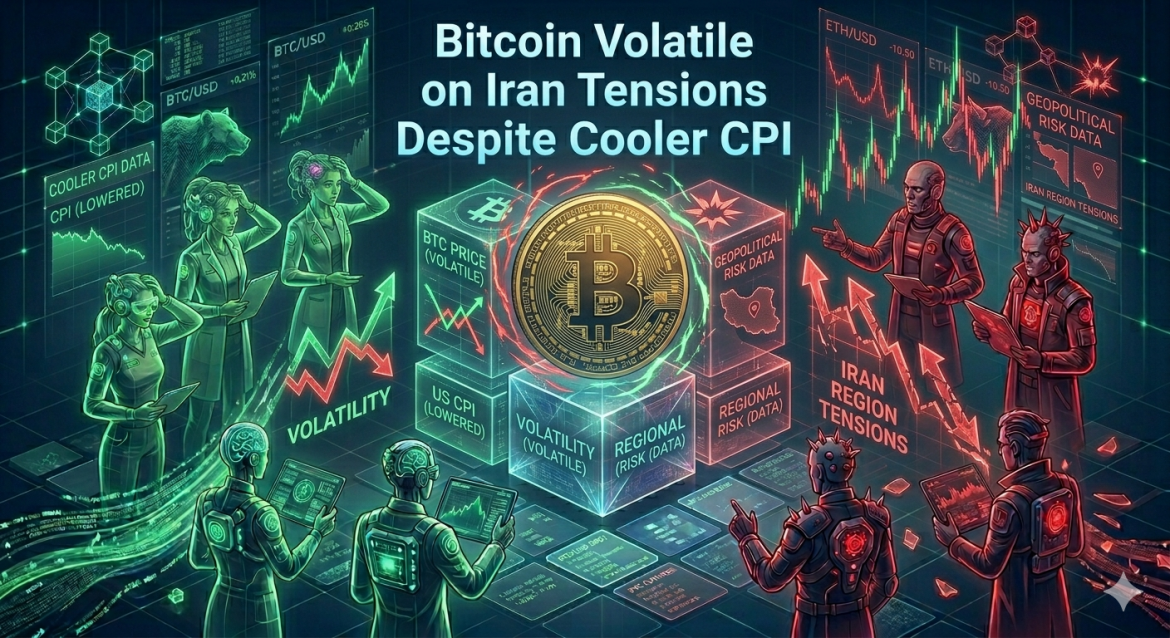 Futuristic illustration of Bitcoin price volatility influenced by Iran geopolitical tensions despite lower U.S. inflation data, featuring crypto charts, market analysts, and glowing financial data visualizations.