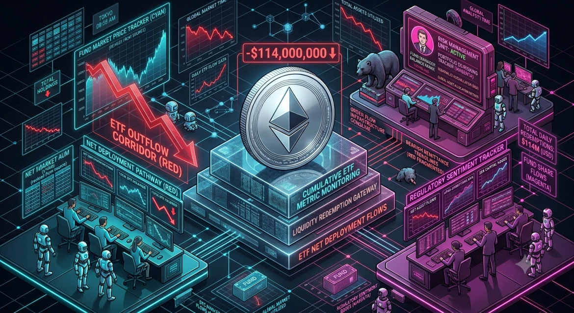 An isometric financial market data infographic tracking an extended fund migration, featuring a central cryptocurrency token surrounded by a sharp downward red trendline labeled 'ETF Outflow Corridor.' Cybernetic analyst teams track a cyan market price dashboard on the left and a magenta institutional allocation monitor on the right showing a 114-million-dollar deficit.