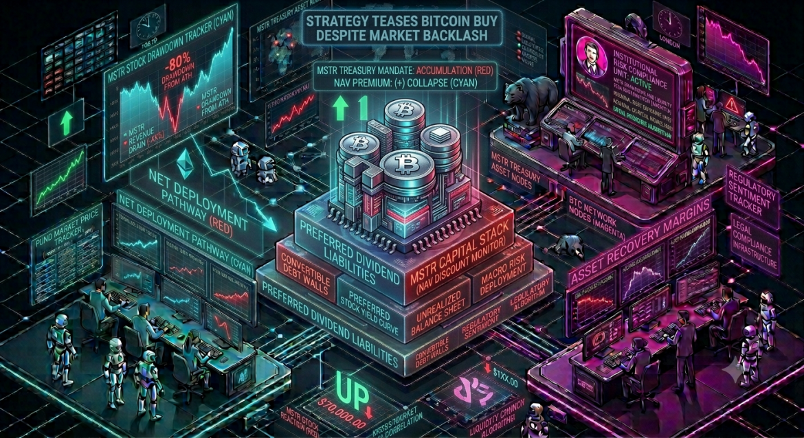 An isometric financial data infographic tracking MicroStrategy's treasury moves, featuring a central capital stack model flanked by a cyan accumulation pathway chart on the left and a magenta investor scrutiny monitor on the right showing balance sheet strain metrics.