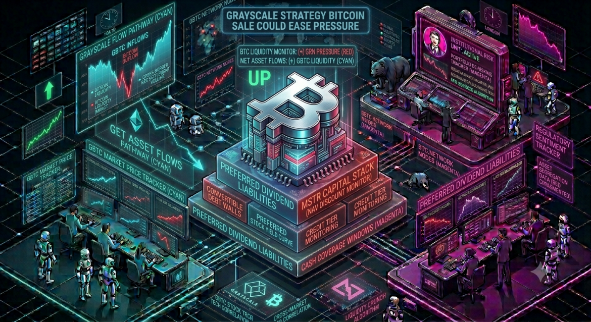 An isometric financial market data infographic tracking the MicroStrategy capital structure pressure, featuring a central MSTR CAPITAL STACK core flanked by a cyan NAV discount monitor on the left and a magenta institutional compliance dashboard on the right showing a 700-million-dollar daily redemptions figure.