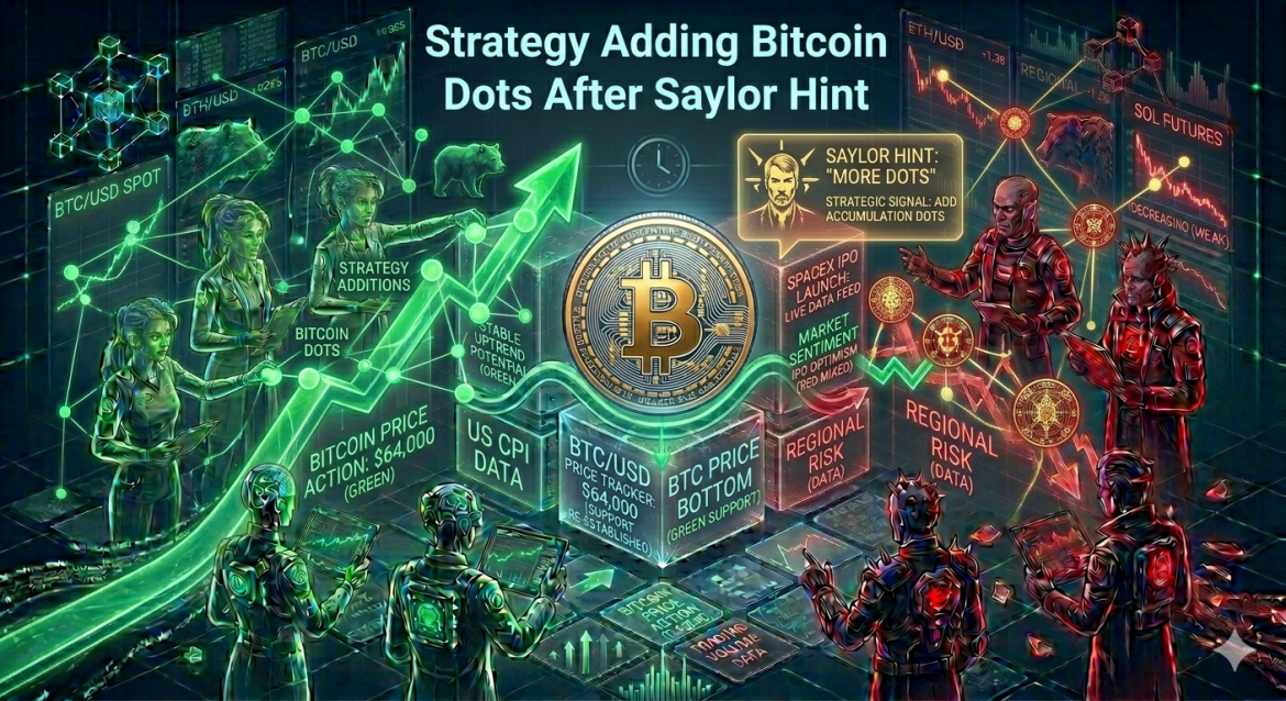 An isometric financial trading infographic with a central gold Bitcoin coin next to a golden terminal displaying a Michael Saylor quote box titled 'More Dots'. Green and red digital analyst teams analyze data node clusters and pricing vectors under the main headline.