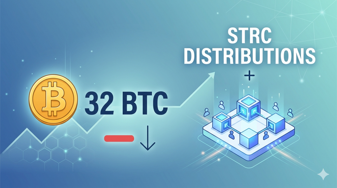 A clean vector illustration showing a large Bitcoin symbol with a label '32 BTC' and a minus sign, next to a stylized distribution platform labeled 'STRC DISTRIBUTIONS' and a plus sign, all against a clean blue digital network background.