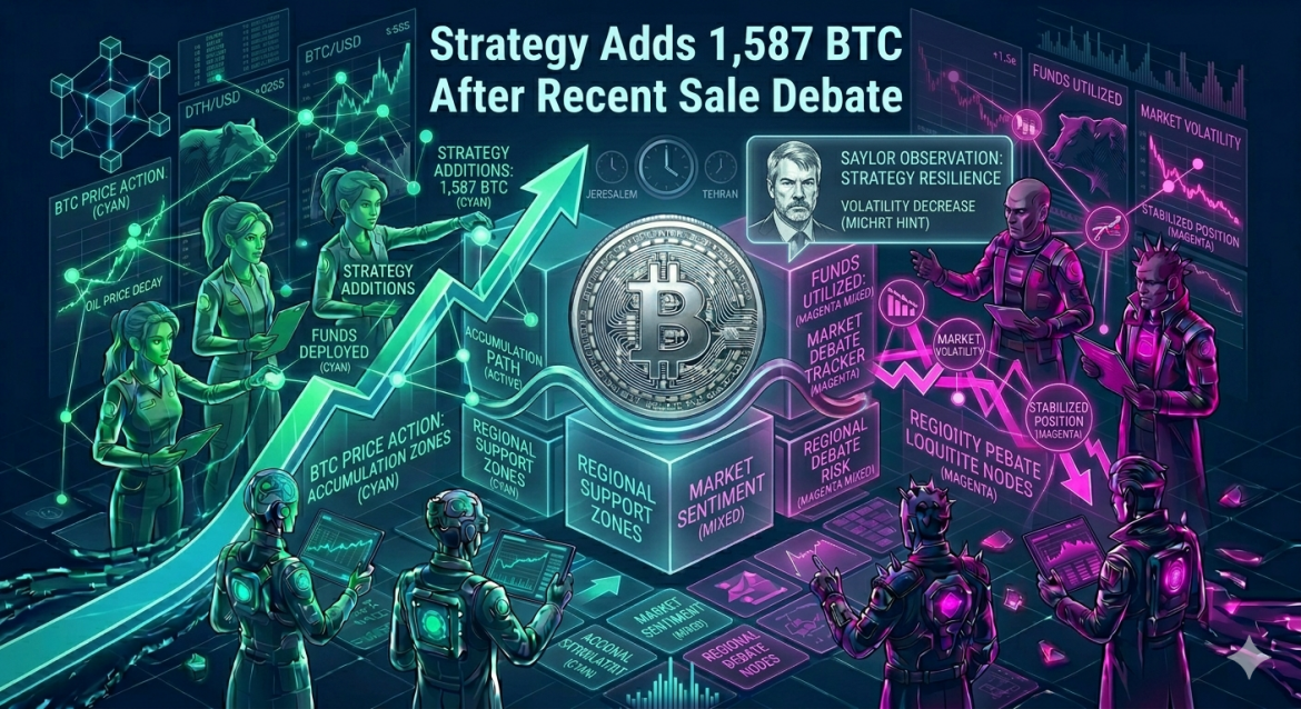 An isometric trading infographic featuring a prominent silver Bitcoin coin sitting on support data cubes next to a Michael Saylor observation terminal. Left-side cybernetic analysts track a cyan upward arrow marking a 1,587 BTC accumulation path, while right-side analysts monitor magenta market volatility data lines under the main headline.