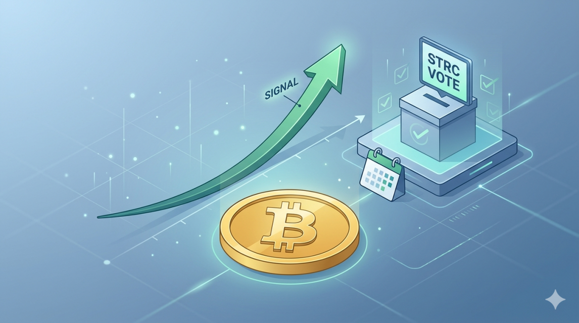 An illustration of a strategic Bitcoin purchase signal before an upcoming STRC governance vote. A large gold Bitcoin and an upward green arrow point toward a ballot box labeled "STRC Vote."