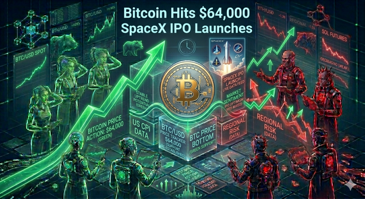 An isometric trading infographic featuring a large gold Bitcoin token resting on a $64,000 support cube next to a SpaceX IPO rocket data feed block. Cybernetic analyst teams track green upward price spikes and red volatility charts under the main headline.