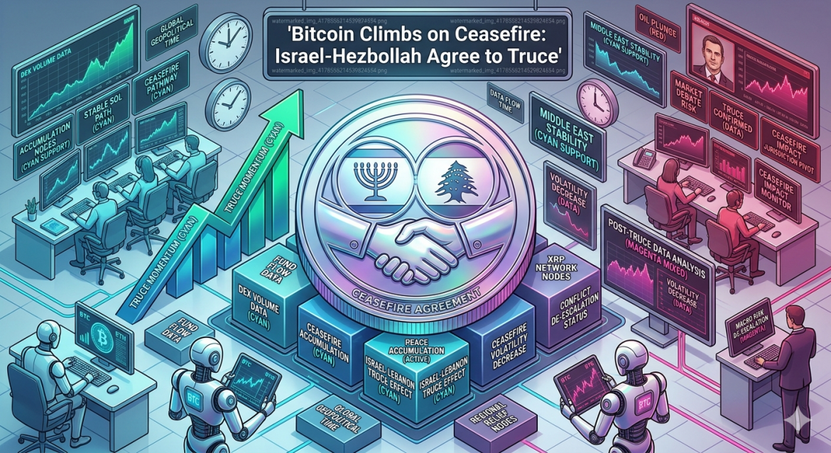 An isometric financial infographic featuring a silver Bitcoin token on geopolitical de-escalation data blocks beside a Middle East ceasefire update panel. Cybernetic analyst teams track a cyan upward market recovery arrow on the left and magenta retreating risk metrics on the right under the main headline.
