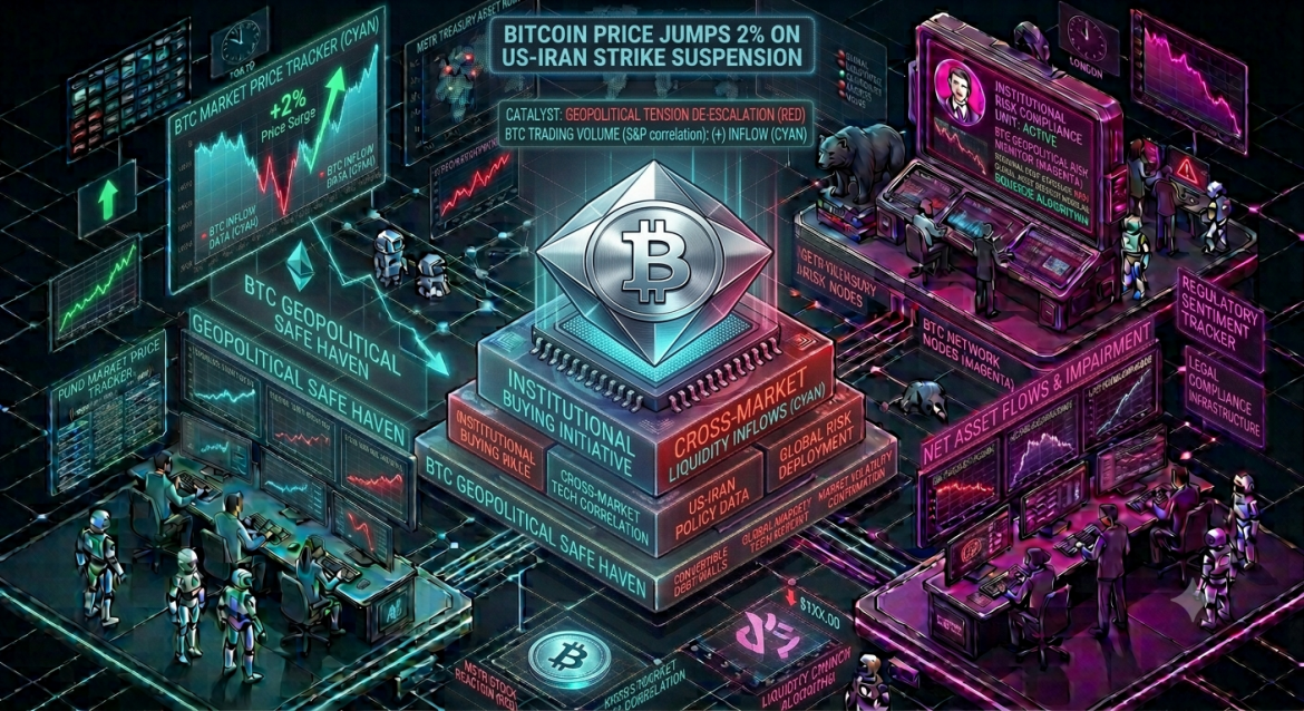An isometric financial and regulatory data infographic tracking a positive Bitcoin market reaction, featuring a central silver BTC token flanked by a cyan market price dashboard on the left and a magenta institutional risk monitor on the right showing a network pressure warning and a price display above $100. Cybernetic analyst teams track a cascading cyan trendline labeled 'Hack Data Recovery Pathway.'