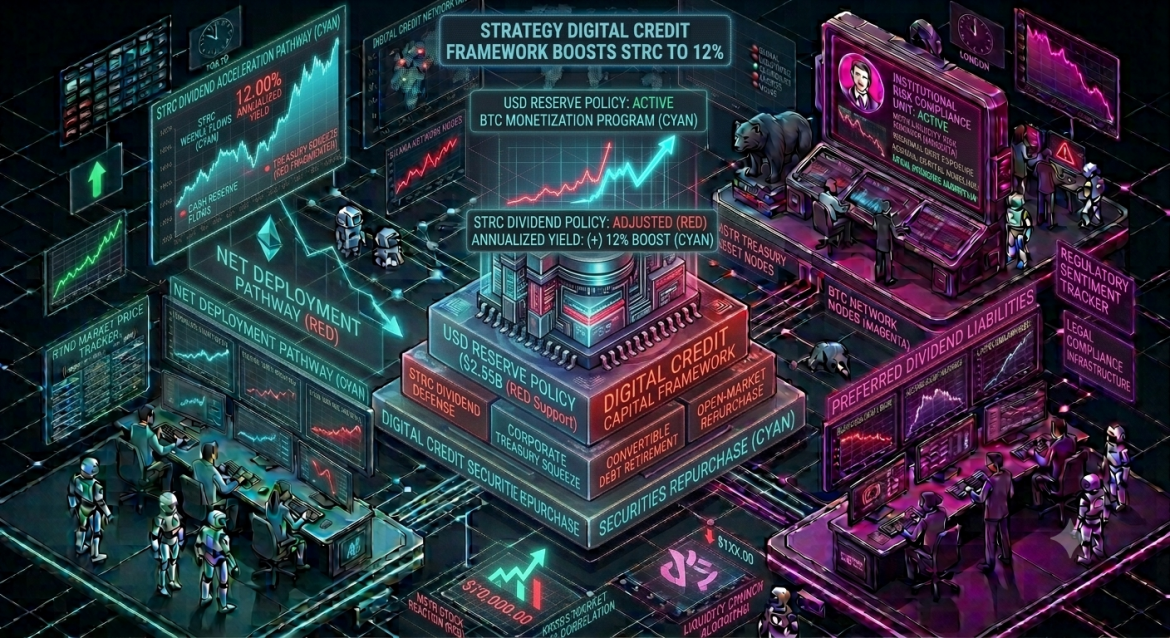 An isometric financial data infographic tracking Strategy Inc's Digital Credit Capital Framework, featuring a central treasury model flanked by a cyan liquidity tracker on the left and a magenta corporate compliance dashboard on the right showing the STRC dividend boosted to 12 percent.