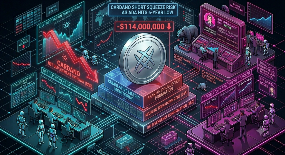 An isometric crypto market analysis infographic showing a central silver Cardano (ADA) token amidst a sharp downward red trendline labeled 'Net Deployment Pathway.' Cybernetic analyst teams track a cyan ADA price action dashboard on the left and a magenta risk management terminal on the right under a short squeeze headline.