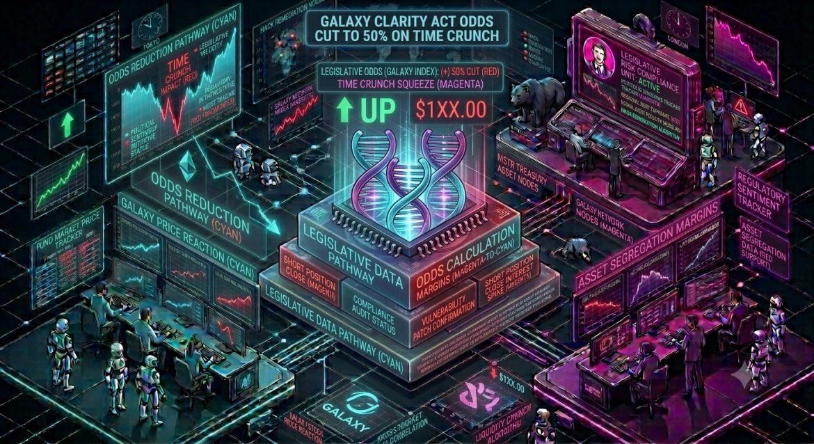 An isometric legislative risk command center visualizing the Galaxy CLARITY Act's odds dropping to 50 percent, featuring a central glowing secure data core flanked by a cyan political sentiment monitor on the left and a magenta risk compliance dashboard on the right, all tracking the critical 'Time Crunch Squeeze'.