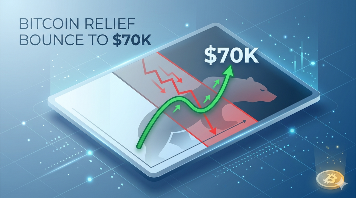 A visual representation of a Bitcoin relief bounce to $70K within a remaining bearish price chart setup. A green line points up to $70K while red trends and a bear profile suggest continued pessimism.