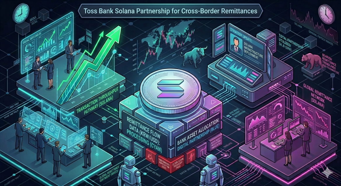 An isometric global banking infographic featuring a Solana token atop data blocks tracking a cross-border stablecoin remittance proof of concept. Cybernetic analyst teams track a cyan network settlement arrow on the left and a magenta AML/KYC verification terminal on the right under a South Korean banking headline.