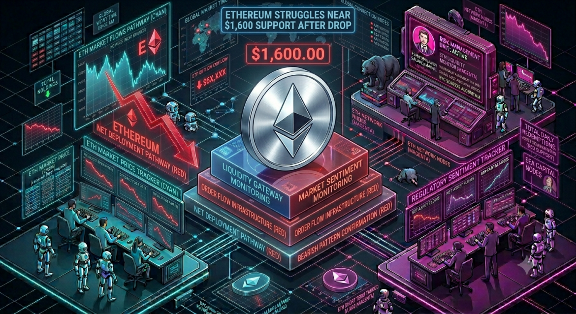 An isometric financial market data infographic tracking an Ethereum technical correction, featuring a central silver ETH token surrounded by two major market analytics teams. Cybernetic analyst teams track a cyan ETH market price dashboard on the left and a magenta regulatory sentiment terminal on the right under an immersive network grid.