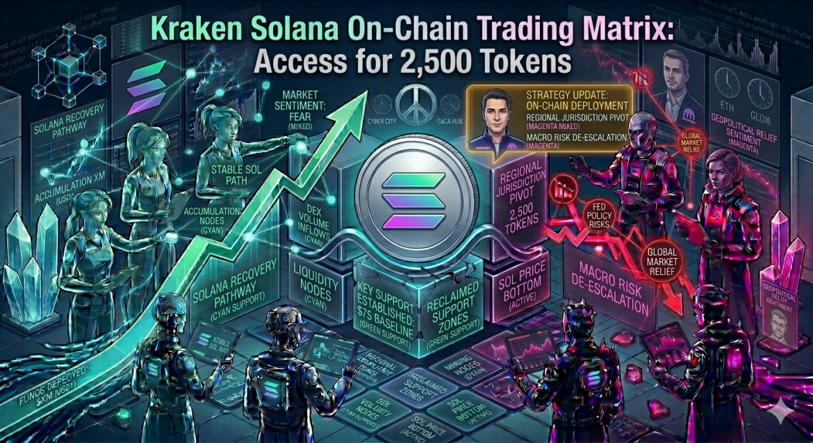 An isometric cryptocurrency infographic featuring a central Solana token on baseline support blocks next to an on-chain deployment update panel. Cybernetic analyst teams track a cyan recovery path arrow on the left and magenta macro risk metrics on the right.
