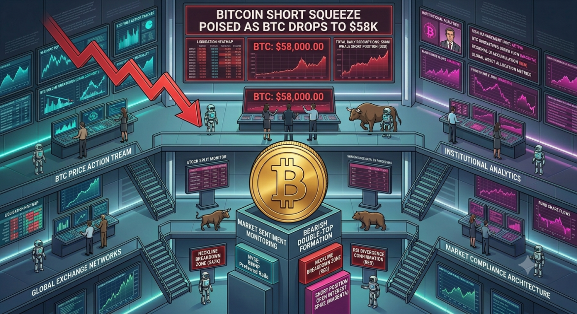 An isometric financial market data infographic tracking a Bitcoin market correction, featuring a central gold BTC token surrounded by a sharp cascading red trendline labeled 'Bear Flag Downward Corridor.' Cybernetic analyst teams track a cyan price action station on the left and a magenta derivatives monitor on the right showing a 38-million-dollar whale short bet.