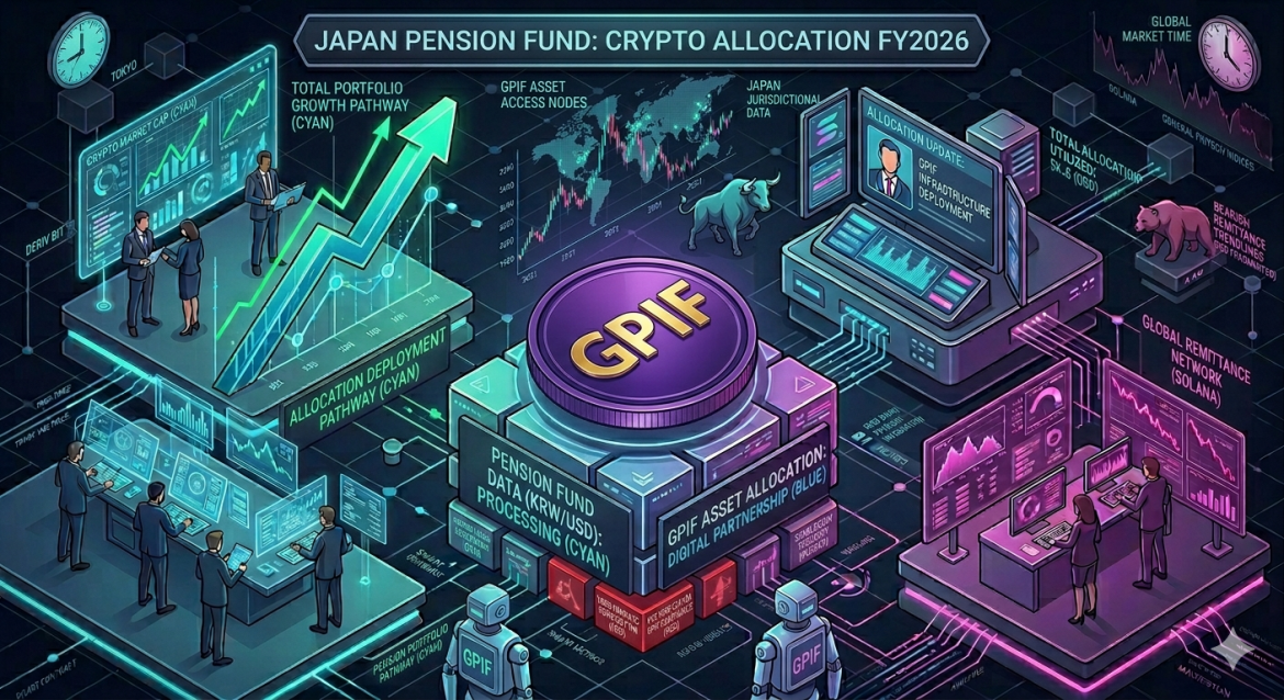 An isometric sovereign asset management infographic featuring a central GPIF pension fund portfolio token atop data blocks detailing a 2026 crypto allocation pathway. Cybernetic analyst teams monitor a cyan portfolio growth arrow on the left and a magenta global remittance desk on the right under a Tokyo market headline.