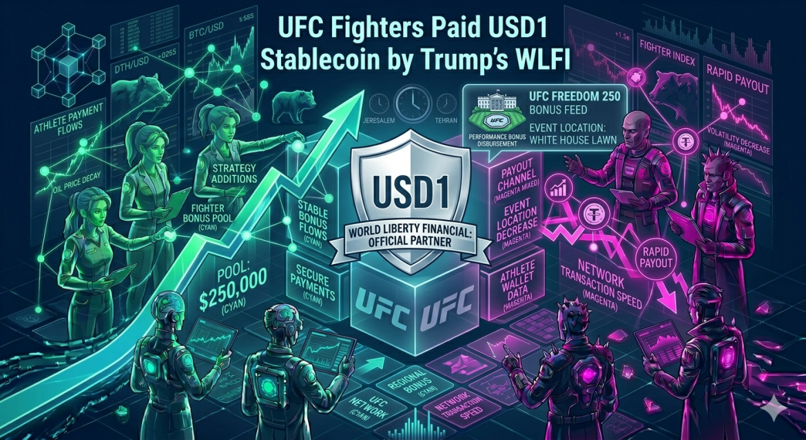An isometric financial technology infographic highlighting World Liberty Financial's USD1 stablecoin logo resting on a central data cube. Cybernetic analyst teams track a $250,000 UFC fighter bonus pool vector under the main headline.