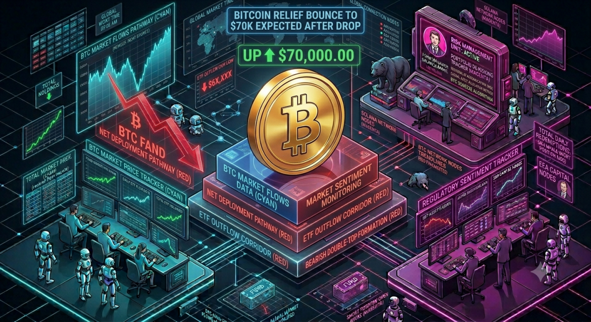 An isometric financial market data infographic tracking a Bitcoin market correction, featuring a central gold BTC token surrounded by a sharp cascading red trendline labeled 'BTC Market Flows Pathway (Cyan).' Cybernetic analyst teams track a cyan market price dashboard on the left and a magenta institutional allocation monitor on the right under a $70K target headline.
