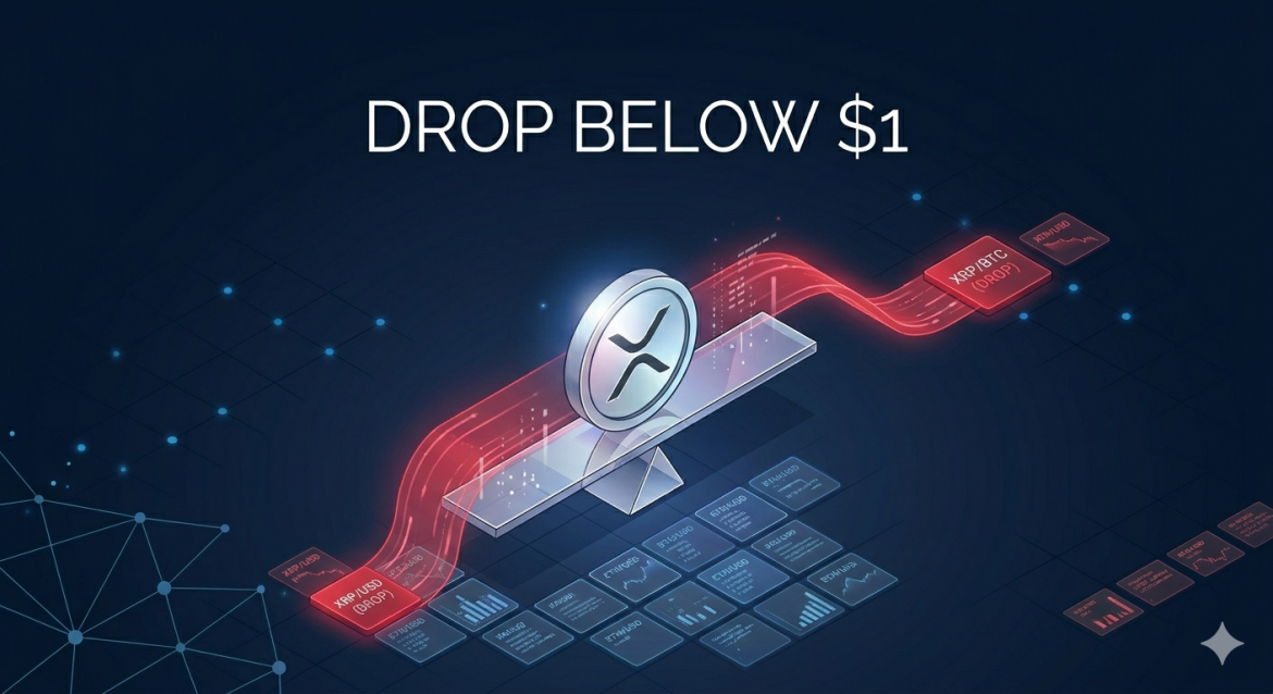 A close-up isometric diagram of a silver XRP cryptocurrency coin on a crystal scale prism. Red data streams labeled 'XRP/USD (DROP)' and 'XRP/BTC (DROP)' cascade downwards from the coin against a dark blue background with digital nodes. Text above the coin reads 'DROP BELOW $1.'