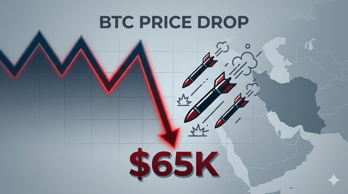A simple graphic illustration showing a drastic Bitcoin (BTC) price drop to $65,000, visualized by a red downward chart, missiles, and a highlighted map of Iran, with the title 'BTC PRICE DROP'.