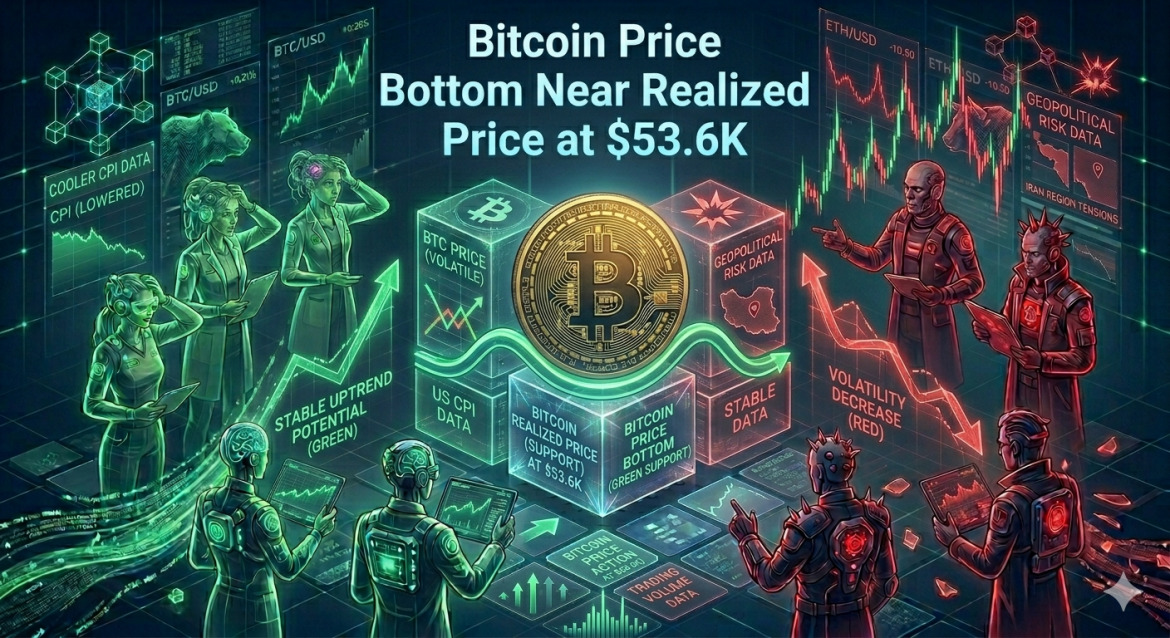An isometric cryptocurrency market infographic featuring a central gold Bitcoin token resting on a data cube labeled '$53.6K Realized Price Support'. Green and red digital analyst teams observe trending chart arrows on either side under the headline text.