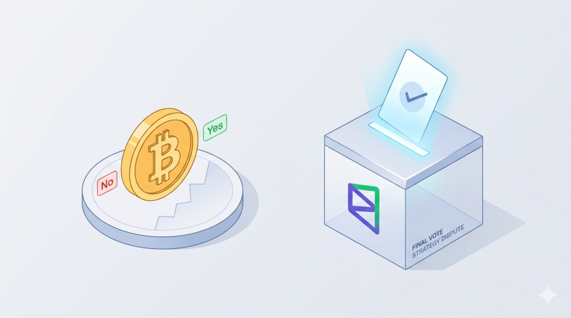 A clean vector illustration showing a gold Bitcoin coin marked with 'Yes' and 'No', beside a stylized, glowing ballot box labeled 'FINAL VOTE STRATEGY DISPUTE' with a ballot being cast, representing the decisive vote on a Bitcoin-related strategy.