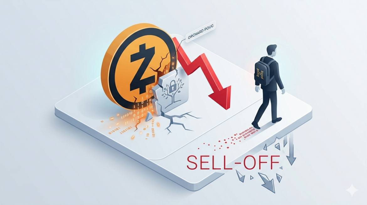 An illustration of a fractured Zcash (ZEC) logo leaking data, with a red downward market arrow and an institutional figure with an 'H' backpack walking away, representing a sell-off and exit after the Orchard Pool bug.