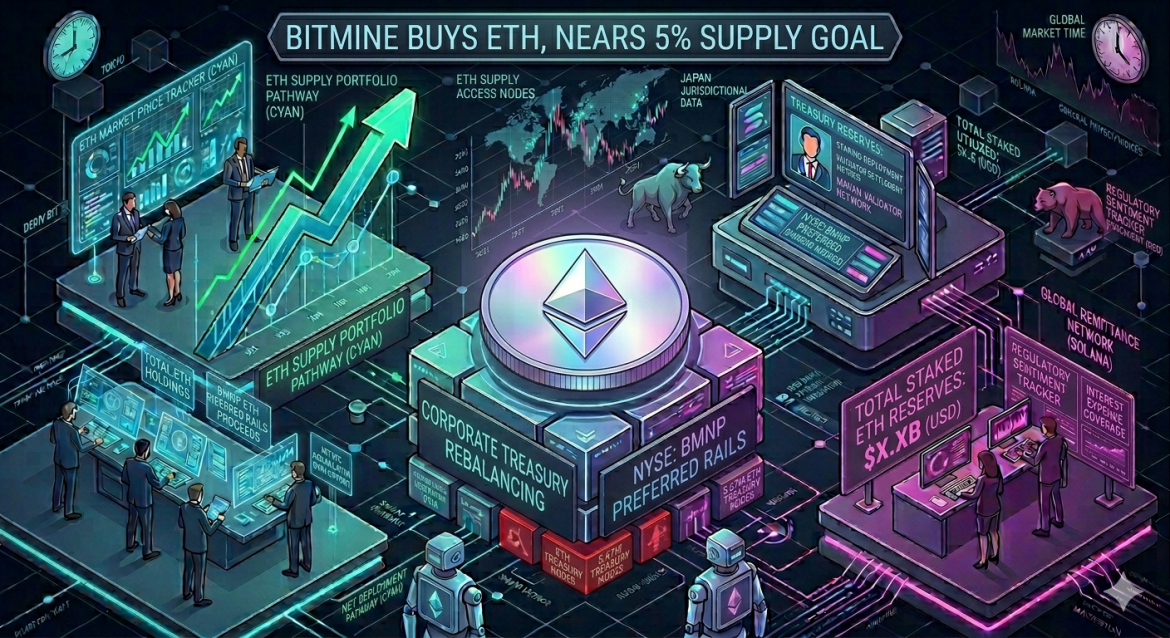 An isometric corporate treasury infographic featuring a central silver Ethereum token atop data blocks detailing a massive ETH acquisition. Cybernetic analyst teams track a cyan supply growth pathway arrow on the left and a magenta BMNP preferred stock dashboard on the right.