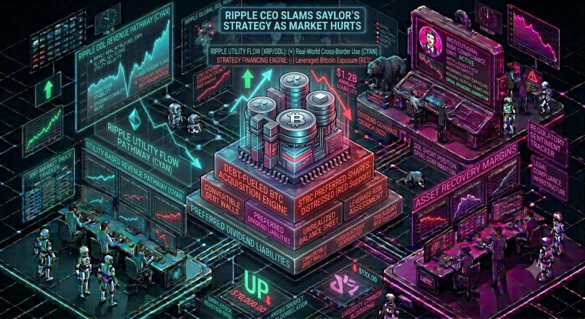 An isometric financial command center infographic depicting the public critique of Strategy's Bitcoin playbook, featuring a volatile central capital stack showing a 26 percent STRC preferred share collapse, flanked by a cyan utility pathway on the left and a magenta risk compliance desk tracking a dividend coverage crunch on the right.