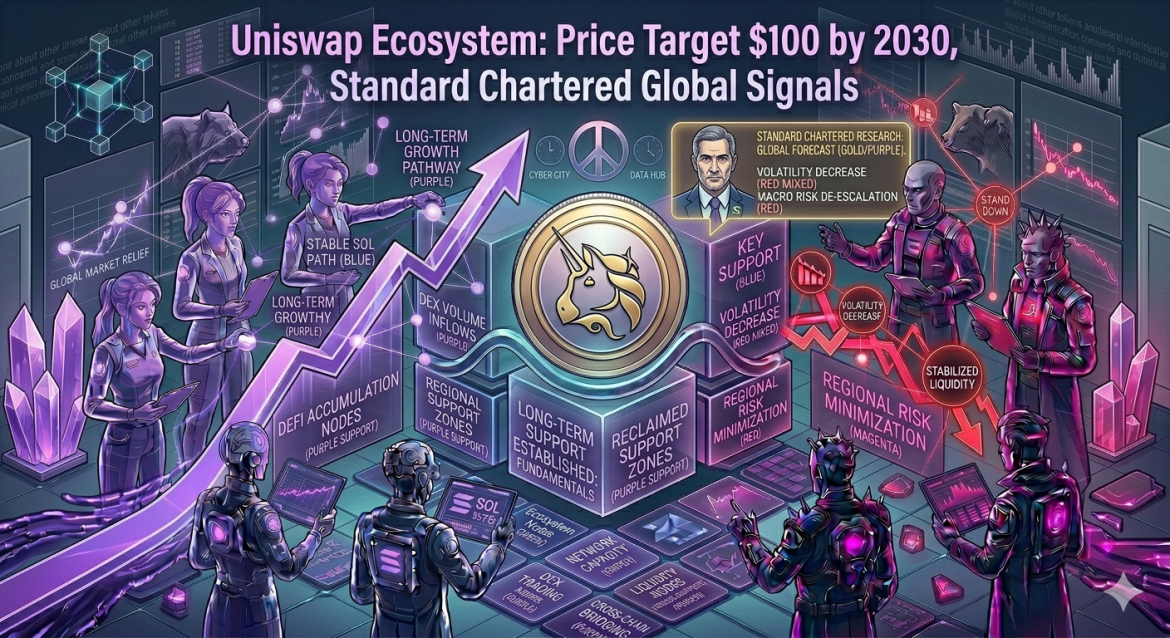 An isometric market infographic showcasing a gold and purple Uniswap token on structural support blocks, with holographic analyst teams tracking growth pathways and risk metrics under a $100 price target headline.