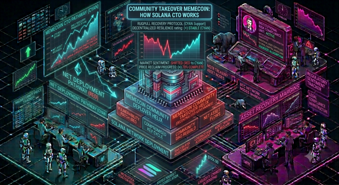 A sophisticated 3D isometric financial command center infographic visualizing the phases of a Solana Community Takeover (CTO) Memecoin, split between a cyan network velocity monitor on the left and a magenta risk compliance dashboard on the right showing a network pressure warning and a price display above $100. Cybernetic analyst teams track a cascading cyan trendline labeled 'Hack Data Recovery Pathway.'