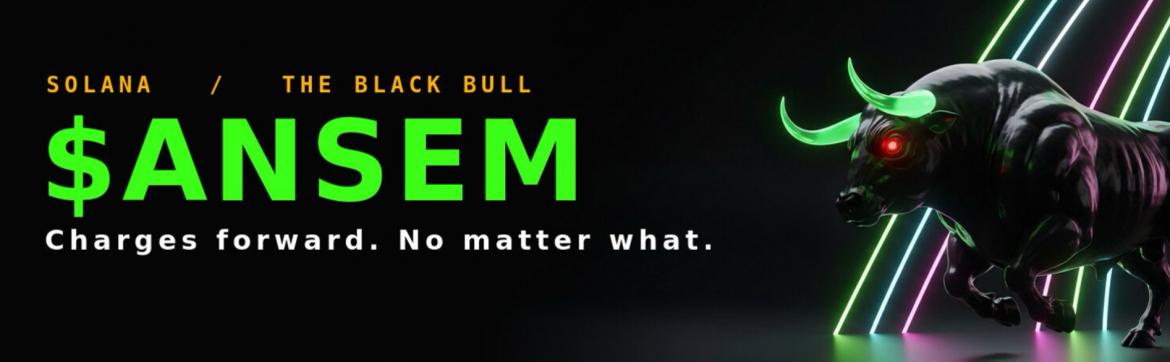 A horizontal banner image for a news story. On the left, large glowing green text reads '50 MILLION', with smaller gold text above it saying 'SOLANA NEWS / ANSEM'S MILLIONS' and gold text below it reading '(From His Meme Coin)'. The bottom tagline is 'Charges forward. No matter what.' On the right, a powerful black bull with glowing green horns and red eyes charges against a neon geometric grid.