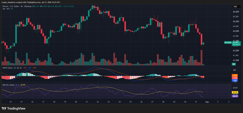 Bitcoin drops to $62K