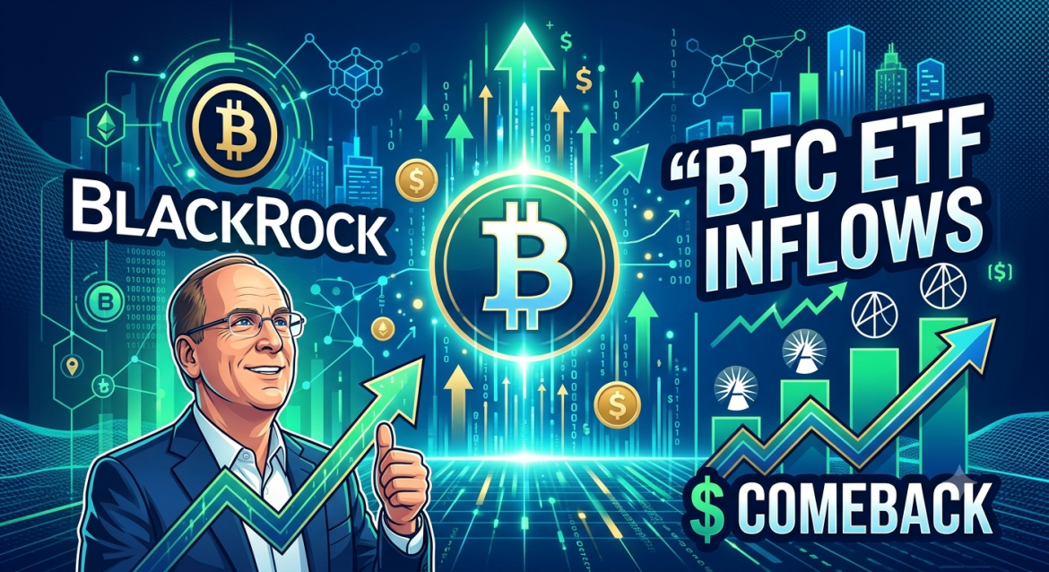 Illustration of BlackRock CEO Larry Fink with a positive expression, giving a thumbs-up, next to a rising Bitcoin (BTC) price chart. Green arrows signify ETF inflows, and the text "BTC ETF INFLOWS" and "$ COMEBACK" emphasize the market rebound. The BlackRock logo and glowing Bitcoin symbols are visible.