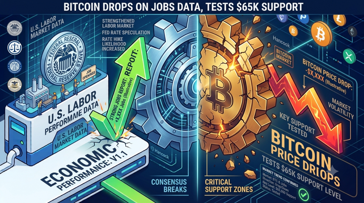 A dual-themed macro-financial infographic split vertically down the center by a central gear mechanism. The left side is a cyan and white industrial theme featuring a server labeled "U.S. LABOR PERFORMANCE DATA," a Federal Reserve seal, and a green upward arrow reading "STRONG JOBS REPORT: REPORT." The right side transitions into a fractured gold and dark grid theme featuring a cracked Bitcoin gear, a jagged downward red arrow, and text reading "BITCOIN PRICE DROPS - TESTS $65K SUPPORT LEVEL." Floating government seals on the left contrast with cryptocurrency logos (Bitcoin, Ripple, Litecoin) on the right.