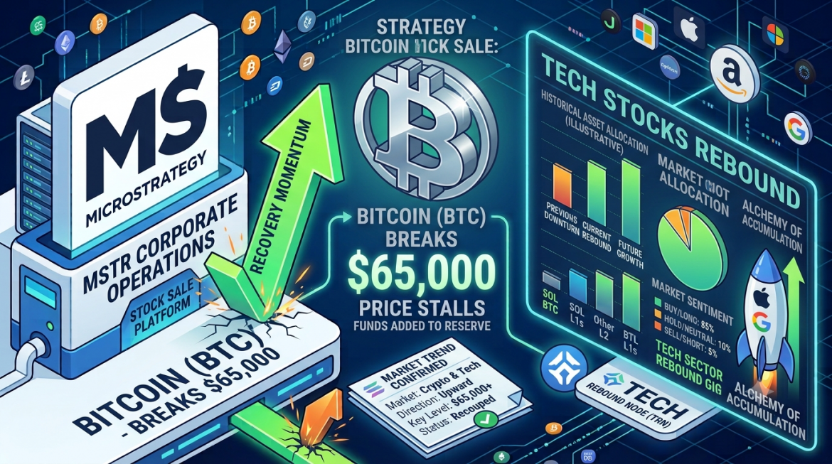 An isometric financial infographic depicting Bitcoin's price surge above $65,000 alongside a tech stock recovery. On the left, a high-tech corporate module features the text "BITCOIN (BTC) - BREAKS $65,000" with a green upward arrow labeled "RECOVERY MOMENTUM." In the center, a large 3D silver Bitcoin logo hovers above the text "BITCOIN (BTC) BREAKS $65,000" and a confirmed market trend receipt stamped with a green checkmark. The right side features a glowing blue telemetry screen titled "TECH STOCKS REBOUND," showing historical asset allocation bar charts, market sentiment metrics, major tech logos (Apple, Amazon, Google, Microsoft), and a rocket ship launching upward labeled "TECH SECTOR REBOUND." The background consists of a dark blue grid populated with scattered cryptocurrency icons.