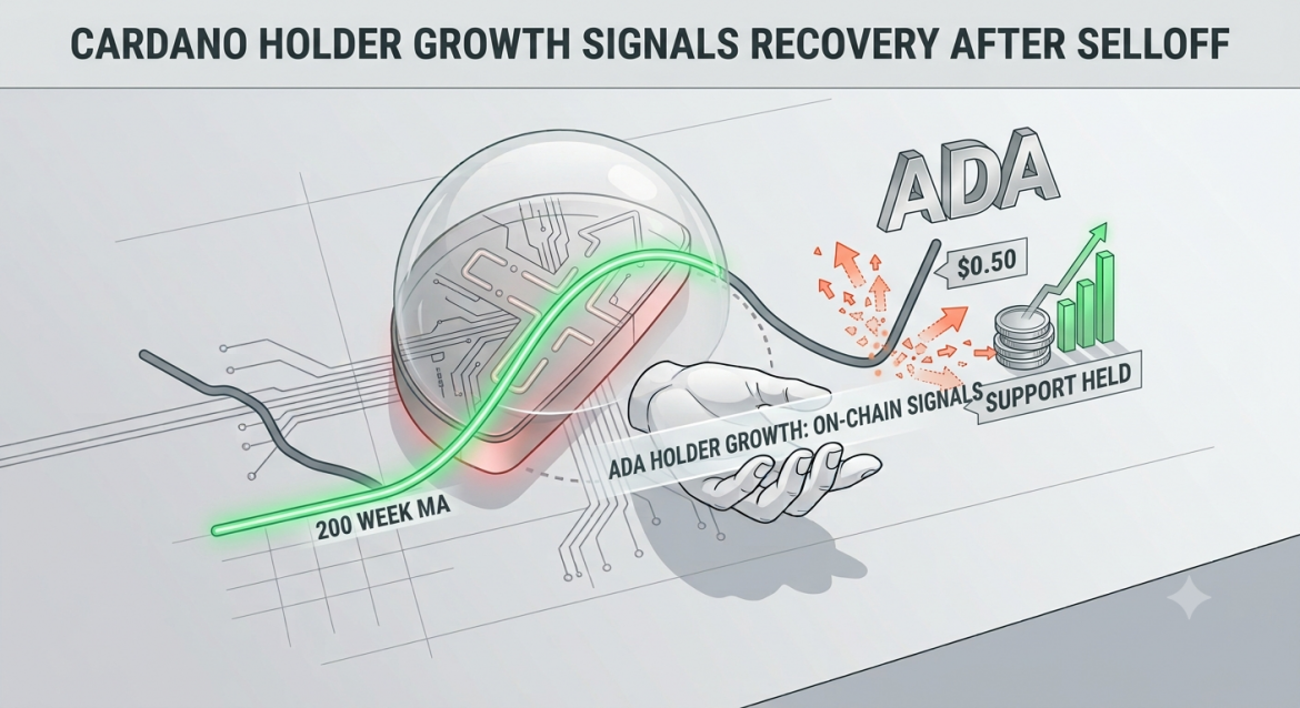 Minimalist tech illustration with an ADA symbol and a growing coin stack, visualizing Cardano holder growth and recovery after a selloff.