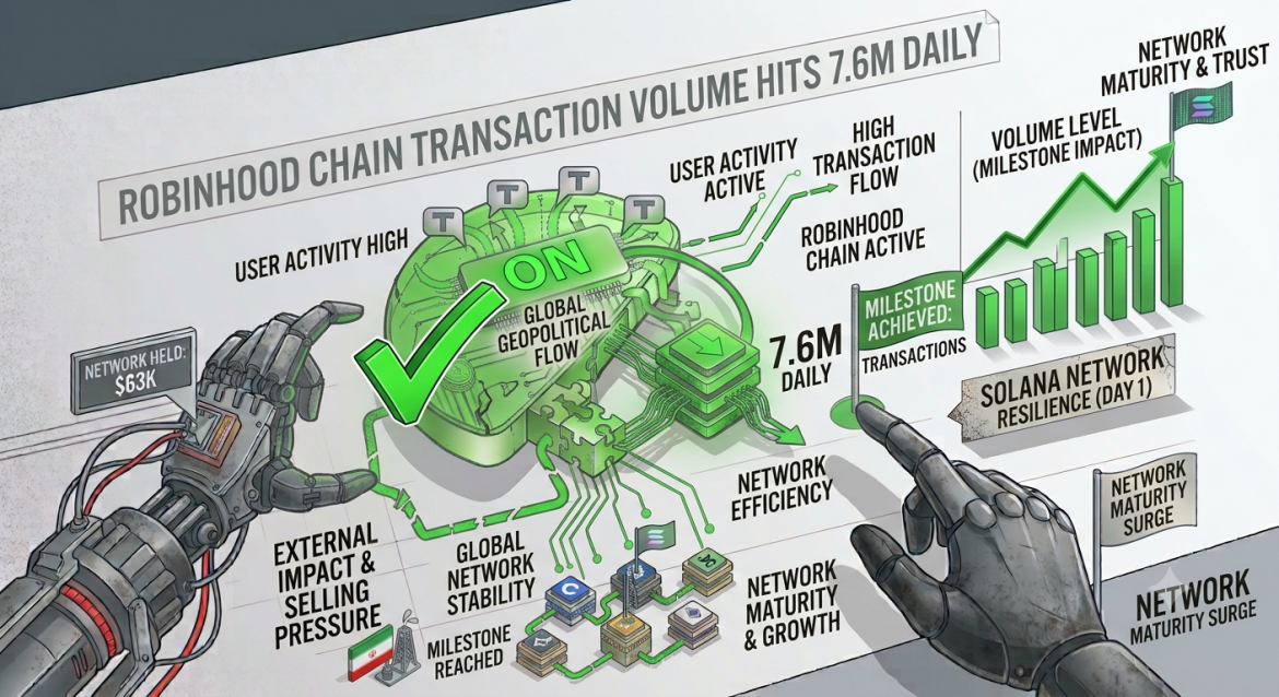 A detailed technical infographic with a bar chart, robotic hand, and networking elements, all illustrating the Robinhood Chain's high daily transaction volume.