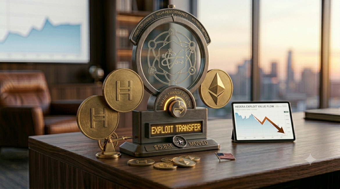 A conceptual dark metal and glass award-like display on an executive desk at twilight, showing a central glass ring etched with detailed Hedera and Ethereum network patterns and logos. Below, an LED screen displays 'EXPLOIT TRANSFER,' and the base is engraved with '$5.8M MOVED.' A small directional arrow on the control dial points towards Ethereum. A tablet displaying a data flow graph sits nearby alongside assorted crypto tokens in a sophisticated corporate office environment.