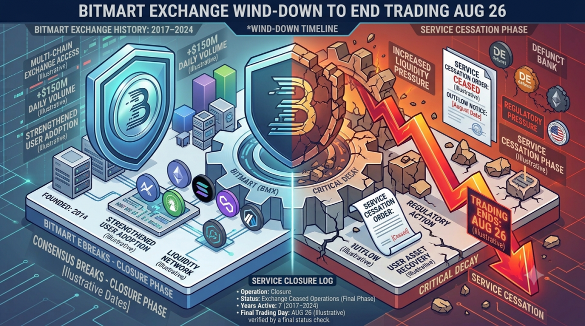 A dual-themed isometric financial retrospective infographic split down the center by a central gear core. The left side is styled in clean cyan and blue, displaying the exchange's operational history with text reading "BITMART EXCHANGE HISTORY: 2017–2024," a shield bearing the BitMart "B" logo, and multi-chain exchange access modules. The right side transitions into a dark, fractured gold and orange theme featuring a cracked gear, a jagged red downward arrow, and a prominent badge reading "TRADING ENDS: AUG 26." Callouts highlight "INCREASED LIQUIDITY PRESSURE," "SERVICE CESSATION PHASE," and a "SERVICE CLOSURE LOG" detailing the orderly platform wind-down.