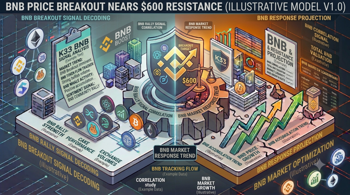 An isometric technical analysis infographic mapping BNB's price momentum as it approaches the $600 resistance barrier. The canvas is split down the middle by a central gear mechanism and a large shield combining the BNB logo with a golden $600 target symbol on a balance scale. The header reads 'BNB PRICE BREAKOUT NEARS $600 RESISTANCE (ILLUSTRATIVE MODEL V1.0)'. The left half, in cool cyan, features a research clipboard reading 'K33 BNB Signal Analysis' along with BNB Chain, PancakeSwap, and Binance ecosystem logos. The right half, in warm gold, visualizes the market response with a multi-arrow green growth chart breaking upward toward the $600 target, flanked by market projection boards and data tables. A central log panel at the bottom displays 'BNB MARKET RESPONSE TREND'.