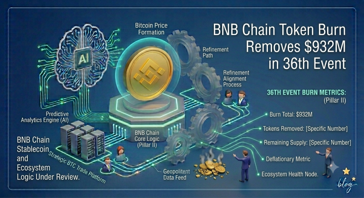 A 3D isometric infographic detailing the BNB Chain's 36th Token Burn event on a dark blue tech circuit background with neon-green data paths. On the left, a glowing neon-cyan AI brain labeled "Predictive Analytics Engine (AI)" links to server racks and text reading "BNB Chain Stablecoin and Ecosystem Logic Under Review." At the center, a large golden BNB coin rests on an illuminated platform. On the right, large white text reads "BNB Chain Token Burn Removes $932M in 36th Event," above a list of metrics including "Burn Total: $932M", "Tokens Removed: [Specific Number]", "Remaining Supply: [Specific Number]", and "Deflationary Metric." Small 3D human figures stand near the text and a pile of smoldering, burned gold coins beneath metallic gears. A thin white border frames the scene with a small "blog" signature in the lower right.