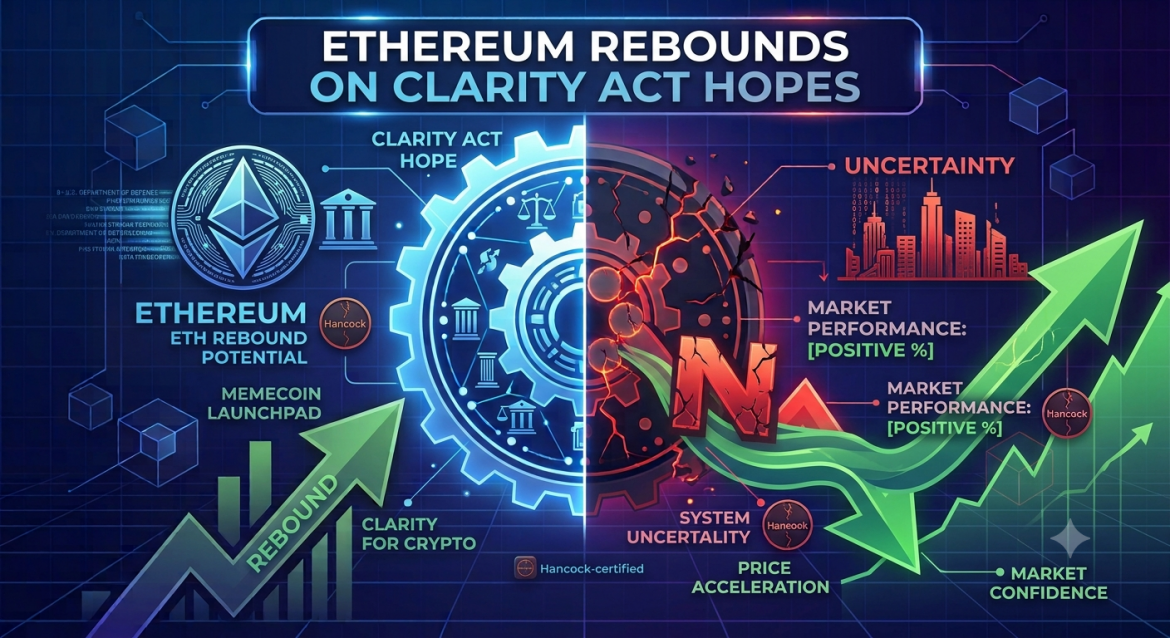 A detailed infographic in a futuristic digital style, split down the middle by a glowing central gear. The left half is bright blue and cool-toned, themed with "CLARITY ACT HOPE" and "CLARITY FOR CRYPTO," featuring the Ethereum logo and upward green arrows, symbolizing "ETH REBOUND POTENTIAL" and "REBOUND." The right half is dark red and fiery, showing a crumbling city, with text about "UNCERTAINTY," recede graphs, and severe upward green arrows indicating sharp market performance. The large text headline, modified from the original, reads: "ETHEREUM REBOUNDS ON CLARITY ACT HOPES". Below this, a multi-stream upward green arrow illustrates acceleration, with specific data labels pointing to positive, rising market fields. The existing small "Hancock" text markers from the original are present. The background has futuristic geometric cubes. The entire banner has a clean, digital, infographic feel.