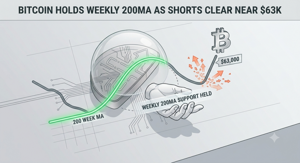 Minimalist tech chart showing Bitcoin's price bouncing off a green line labeled 200MA up toward a $63K label, while short-seller arrows dissolve.