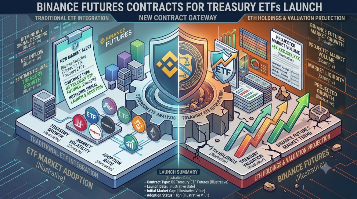 A detailed isometric infographic illustrating the launch of Binance Futures contracts for US Treasury ETFs. The composition is split by a central gear core; the left side is in cool cyan and blue, showing a clipboard with 'NEW MARKET ALERT' and text detail, surrounding Binance Futures and major financial institution logos on a network grid. The right side is in warm orange and gold, featuring a central gear marked 'TREASURY ETF INTEGRATION' and a dramatic green and orange multi-arrow growth chart labeled 'BINANCE FUTURES MARKET TREND,' accompanied by detailed market projection data panels.